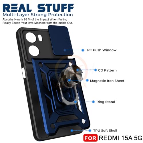 Image of Armor Bumper Back Cover Case for Redmi 15A 5G | Rotating Camera Cover, Ring Holder & Kickstand | Heavy Duty & 360 Degree Protection Redmi 15A 5G Back Cover (Blue)