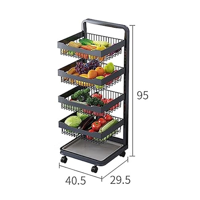 Kitchen Storage Trolley on Wheels Vegetable Rack,Kitchen Island Cart OVegetable Fruit Basket Utility with Handle for Living Room Pantry (Color : Nero, Size 4 Ti (Nero 4 Tier)-mk4J4coZ