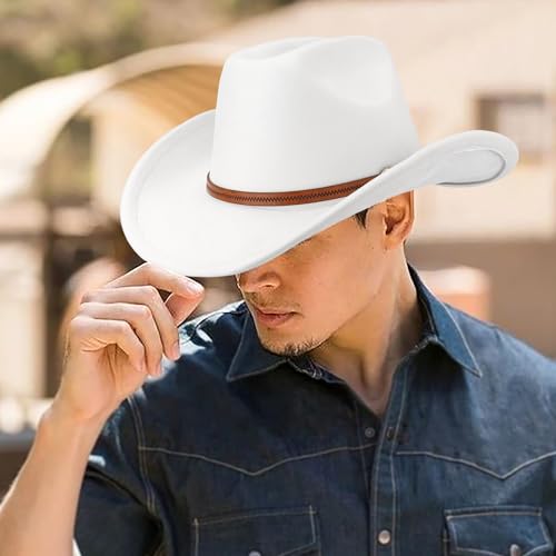 Image of DRESHOW Cowboy Hat for Women and Men Wide Brim Western Cowboy Cowgirl Hat with Belt Buckle Unisex Rolled up Caps