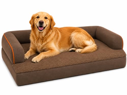 Image of Cutepups Orthopedic Dog Bed Medium, Dog Bed with Waterproof Liner, Washable Removable Cover, Non-Slip Bottom, Pet Sofa Bed for Medium Dogs,Brown /Orange Pipingr