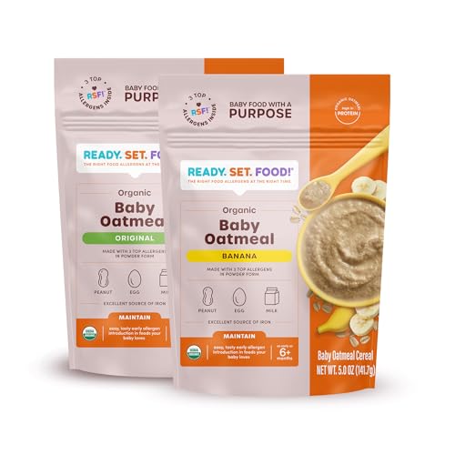 Image of Ready Set Food Organic Baby Oatmeal Cereal – Safe & Easy Early Allergen Exposure for Babies 6+ Months, Baby Food with 3 Top Allergens: Organic Peanuts, Egg, and Milk (Variety, 2-Pack)