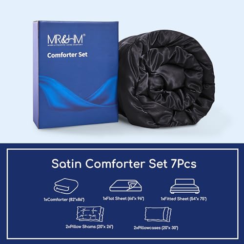 MR&HM Satin Comforter Full 7 Pieces - Luxurious Pinch Pleat Bedding Set with Comforter, Flat Sheet, Fitted Sheet, Pillowcases & Shams, Super Silky Soft Bed Set for All Season (Full, Black)