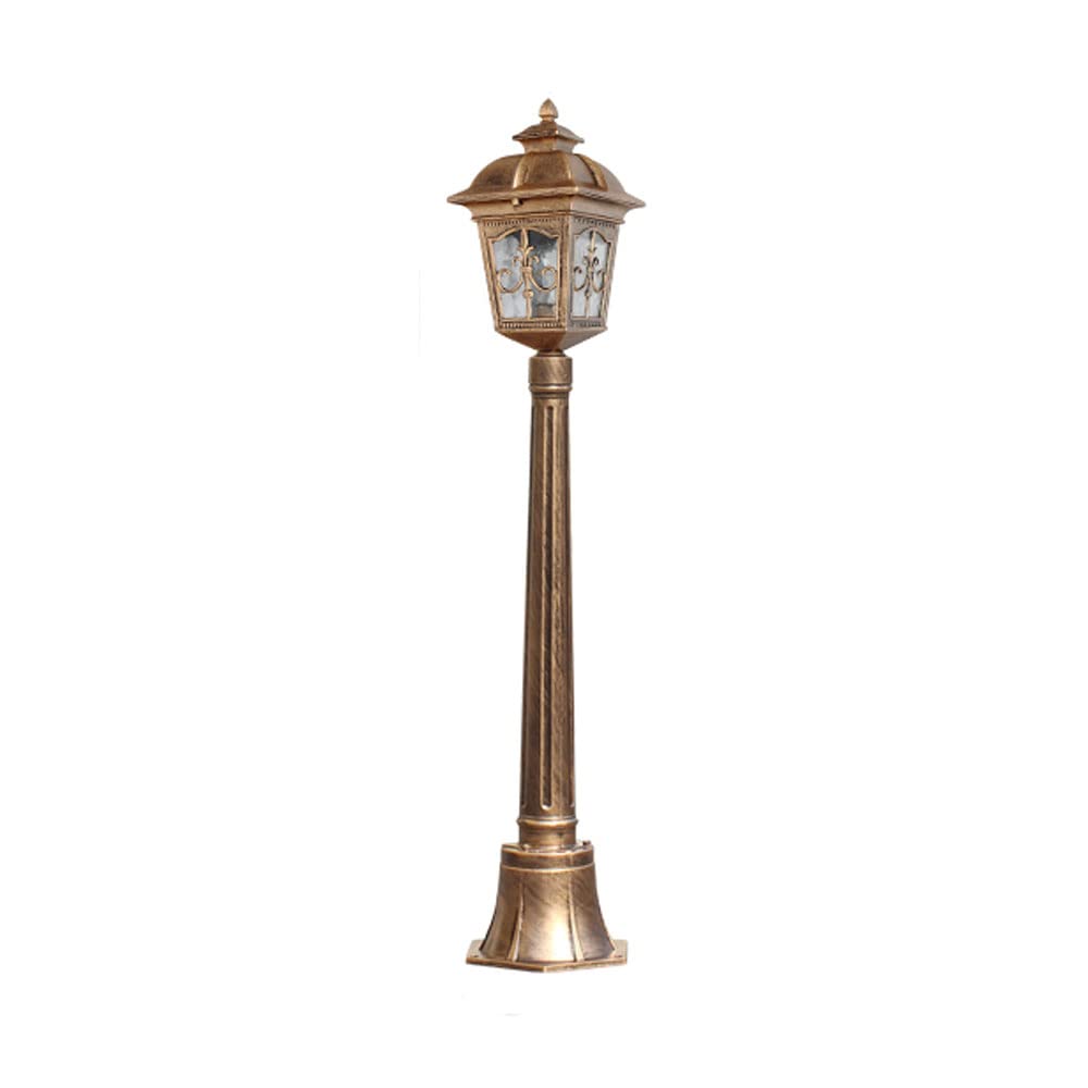 Vintage zewnętrzna lampa podłogowa do trawnika, szklany klosz, konstrukcja okna, odlew aluminiowy, latarnia uliczna, końcówka słupka do ogrodzenia lub tarasu.