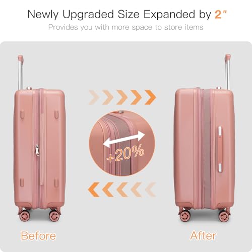 Image of Kono 3 Piece Expandable Luggage Set 20 /24 /28inch Suitcases for Long Travel | Lightweight PC+ABS hardshell suitcases set with TSA locks, 360 Silent spinner wheels, Expandable Design, Nude /Rose Gold