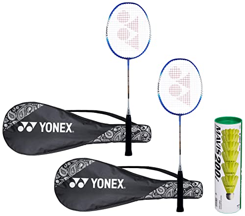 Image of Yonex ZR 100 Light Aluminum Blend Badminton Racquet with Full Cover, Set of 2 (Blue /Blue) & Mavis 200i Nylon Shuttle Cock, Pack of 6 (Yellow)