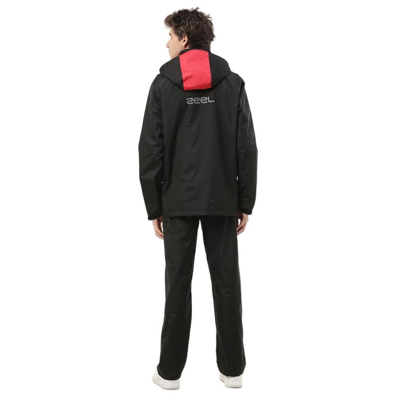Image of ZEEL Rain Coat for Men Waterproof for Bike Riders with Adjustable Hood along with inner pockets,Waterproof Raincoat with Polyester Jacket,Pants and Waterproof Drawstring Bag