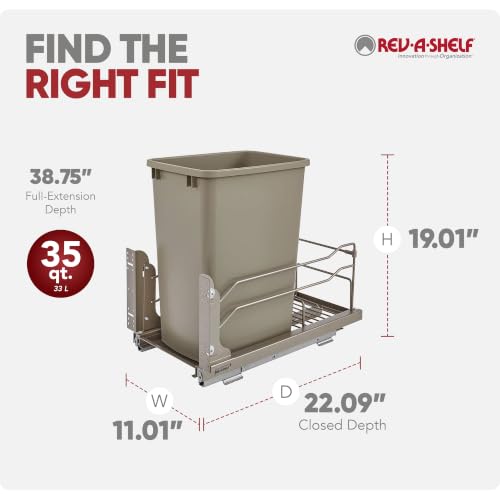Image of Rev-A-Shelf Single Pullout Trash Can w /Soft-Close Slides, 11.5 inch Min Opening