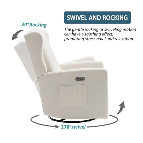 Image of Ketaiyou Power Swivel Rocking Recliner Chair, High Back Electric Rocker Nursery Glider Chair, USB and Type-C Ports, Upholstered Fabric Reclining Single Sofa Chair for Living Room (Beige)