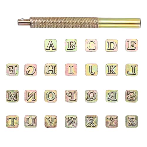 OwnMy 27PCS Leather Stamping Tools Kit Includes 26PCS 8mm Capital Letters Alphabet Stamps and 1 Steel Punch Handle, Metal Leathercarft Embossing Stamp Tools for Leather Art Crafts Marking/Working