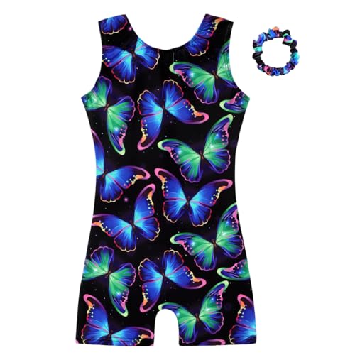HOZIY Gymnastics Leotards for Girls with Shorts Biketards Dance Tumbling Outfits Matching Scrunchies 1-12 Years Old 6-7 Years Blue Green Neon Butterfly
