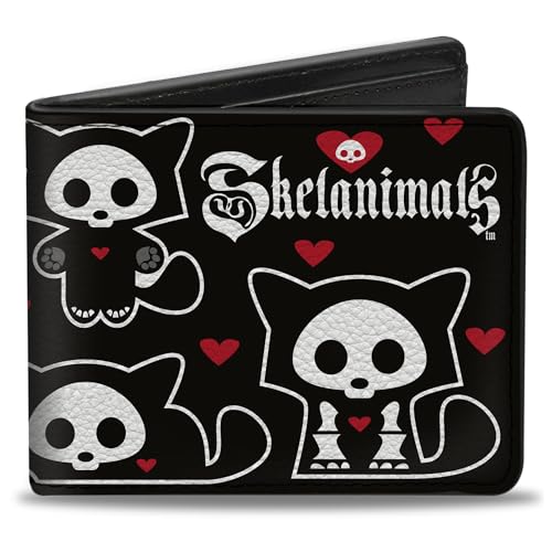 Buckle-Down Skelanimals Wallet, Bifold, Skelanimals Kit the Cat Poses and Title Logo Black White, Vegan Leather