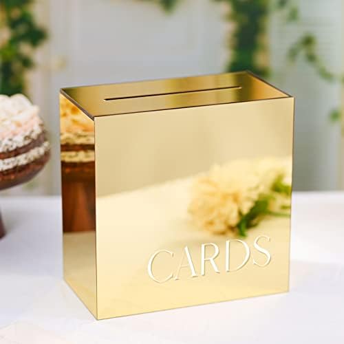 UNIQOOO Metallic Gold Mirror Acrylic Wedding Card Box with Slot, Large 10x10x5.5 inch w/White Print | Thick DIY Wedding Receptions Wishing Well Money Box, Graduation, Birthday, Memory Box