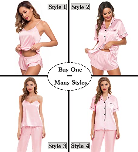 Image of SWOMOG Womens Silk Satin Pajamas Sets 4pcs Sleepwear Sexy Cami Shorts Set and Button Down Short Sleeve Pjs Loungewear