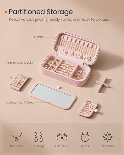 Image of SONGMICS HOME Travel Jewelry Case with Mirror, Stitching, Portable | Jewelry box organizer, 4.1 x 8 x 2.4 Inches, Gift Idea, Jelly Pink, UJBC180S01