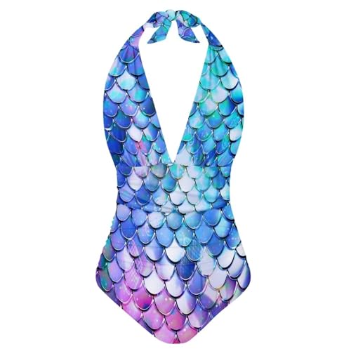 FOR U DESIGNS Sexy One Piece Bathing Suit for Women Slimming Push up Swimsuits Tummy Control High Waisted String Bikini Fish Scale Print Swimwear Size XL