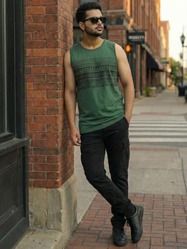 Image of Rigo Men Cotton Printed Vest | Round Neck, Regular Fit Bottle Green