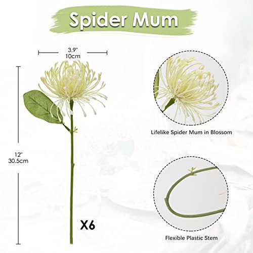 Image of Briful 6PCS Artificial Chrysanthemum Spring Flowers 4'' Fake Pincushion Flower Large Spider Mums Flowers for Home Vase Decor Centerpiece Wedding Bouquet (Green White)
