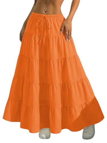 Image of Verdusa Women's Long Maxi Skirt Boho Flowy Flared Ruffle Skirts 2026 Beach Vacation Summer Going Out Outfits