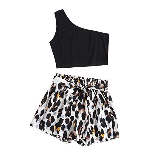 ZAFUL Women's One Shoulder Two Piece Outfits Leopard Tank Crop Top and Shorts Set