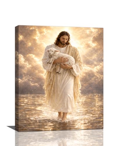 Taimeng Jesus Good Shepherd Wall Art,Lamb of God Pictures Decor, Christian Religious Jesus and Lamb Canvas Print Painting Artwork for Bathroom Living Room Bedroom Decor 20"x16"