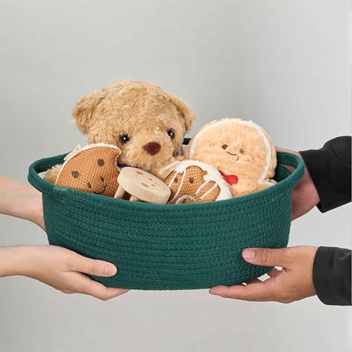 Image of Small Woven Gift Basket Empty with Bag & Ribbon - Gifts for Mom, Baby Shower, Birthdays & Raffle - Cotton Rope Storage Basket for Dog Toys or Shelf - 12 inchx8 inchx5 inch, Green