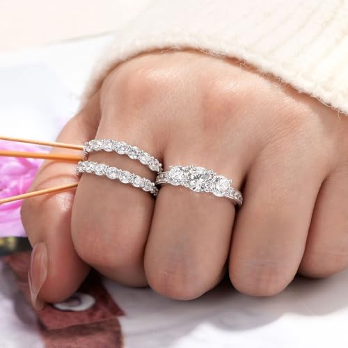 Wuziwen Vintage Three Stone Engagement Rings for Women Sterling Silver Wedding Bridal Sets Round Cut Band Ring Enhancer Cubic Zirconia4