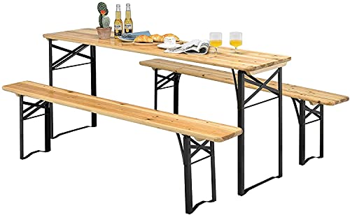 BANGTANE 70 Inch 3-Piece Picnic Table Bench Set, Portable Outdoor Dining Table Set w/Wooden Top & Steel Frame, Beer Table w/Seating Set, Ideal for Patio, Garden, Backyard