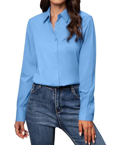 Gleeivy Button Down Shirts for Women Long Sleeve Button Up Shirts Classic Fit Solid Cotton Women Dress Shirts Work Office Blue M