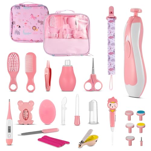 ZONJIE Kit de Aseo para Bebés, 28 Piezas Accesorios para Cuidado de Salud del Recién Nacido, Juego Portátil para Cuidado de Salud del Bebé con Cepillo para Cabello (Rosa)