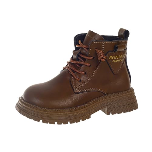IWIHMIV Girl's Riding Boots Kids Leather Short Boots with Zipper Boys Non Slip Outdoor Lace up Winter Ankle Booties