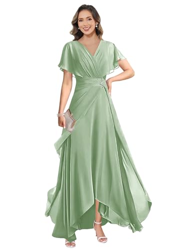 Tea Length Mother of The Bride Dresses for Women A-Line Ruffles Beaded Formal Dress with Sleeves3