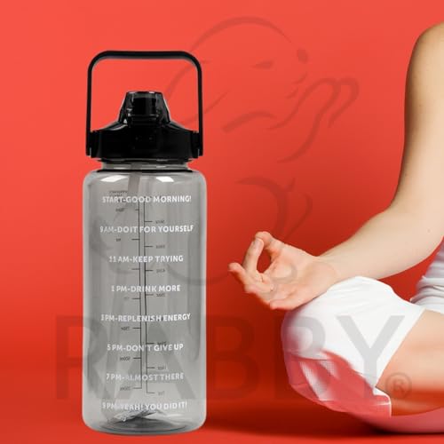 Image of RABBY 2L Motivational Water Bottle for Kids & School Use | Time Marker, BPA-Free, Leakproof Straw Lid, Carry Strap | Plastic Water Bottle for Travel, Sports, Gym, Office, (Black 1Pcs)