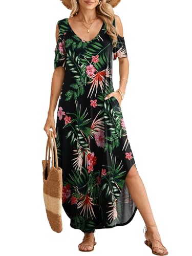 Image of BELAROI Womens Cold Shoulder Maxi Dress Plus Size V Neck Summer Sundresses with Pockets Beach Coverup Vacation Outfits