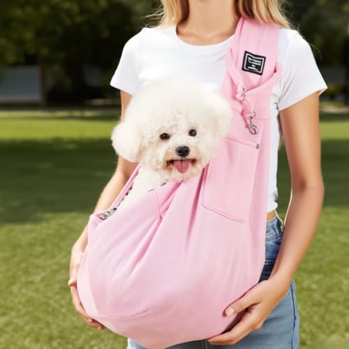 Bolsa tiracolo para cães com bolso de armazenamento – bolsa de segurança para viagem sem usar as mãos – adequada para animais de estimação pesando até 7,5 kg, rosa
