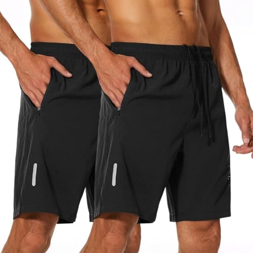 ADUDVLO Mens 2Pack Gym Running Shorts Breathable Quick Dry Lightweight Gym Athletic Short with Zipper Pockets and Reflective Strip (UK, Alpha, L, Regular, Regular, 2, Black)