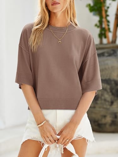 Image of Saodimallsu Womens Short Sleeve Sweater Summer Oversized Cropped Sweaters Casual Crewneck Lightweight Knit Tops