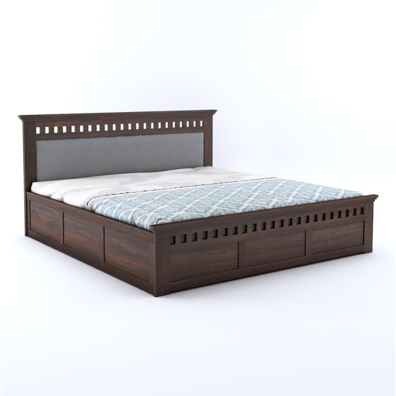 Image of Amazon Brand - Solimo Solid Sheesham Wood Kuber Queen Size Upholstered Bed with Box Storage + 2 Bedside | Wooden Queen Size Cot Bed | Double Bed with 2 Bedside Furniture for Bedroom (Walnut Finish)