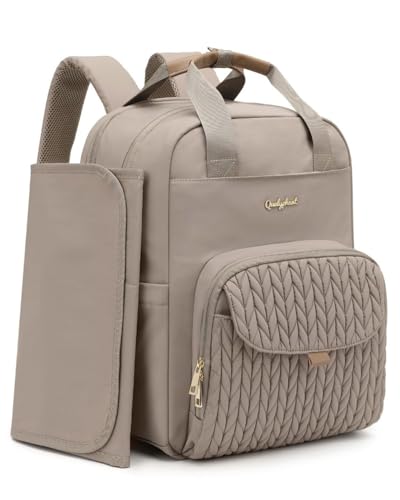Qualyphant Extra Large Diaper Bag Backpack for Two Kids Twins - Expandable (26-36L) Baby Bag for Mom Girls Boys, Dual Big Compartments - Includes Changing Pad & Stroller Straps, Khaki, Quilted