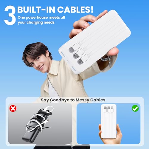 Image of Portable Charger 50800mAh Power Bank with 3 Built in Cables,25W PD QC4.0 Fast Charging USB C Battery Pack,6 Outputs 2 Inputs Travel Essentials Phone Charger for iPhone 17 /16 /15,Google,Android,White