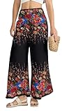 Joob Joob Palazzo Pants for Women - Boho Flare Leg Wide Summer Pant Women - Harem Waist Flowy Bottoms with Pockets Floral Black