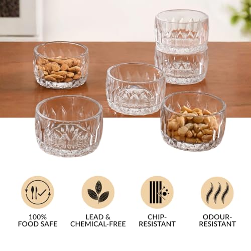 Image of Nestasia Small Glass Chutney Bowls Set of 6 (160ml Each) - Heat Resistant & Chip Resistant Ice Cream Bowls for Dips, Sauce & Pickles | Cyrstal Cut Transparent Katori with Gift Box - Ideal for Gifting