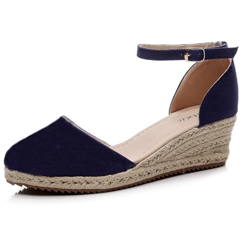 Image of Altxic Women's Closed Toe Canvas Ankle Strap Espadrilles Wedge Sandals