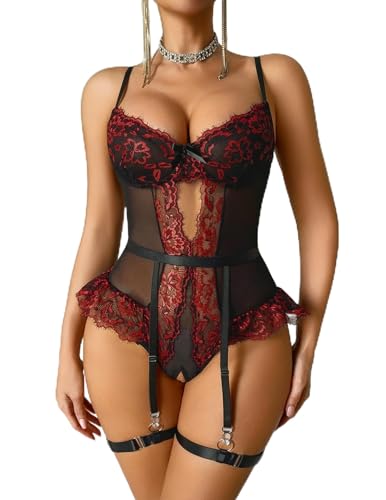 Image of Avidlove Lingerie for Women Mesh Lace Bodysuit Sexy Wireless Garter Lingerie Set Teddy Lingerie(No Stockings)