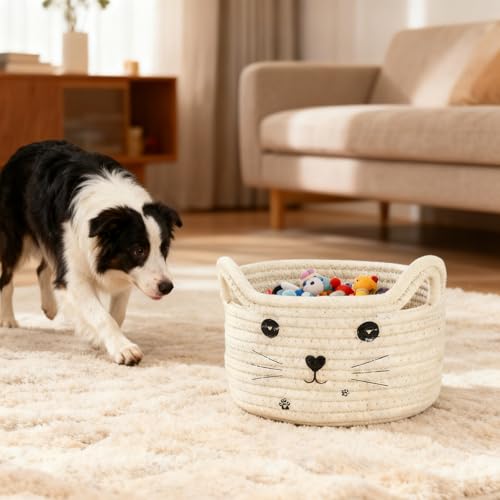DIYCUT Aufbewahrungskorb Katzenform, Baumwollseil Geflochtene Korb, Klein Spielzeugkorb, Weiße Aufbewahrungskorb Rund, für Aufbewahrung von Handtüchern, Spielzeug, Kosmetik