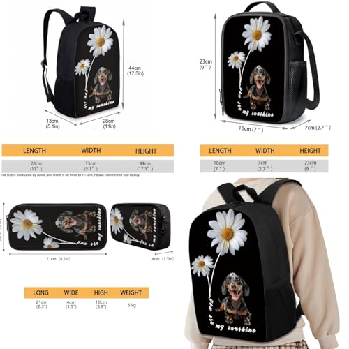 Daisy Dachshund Backpack for Girls Boys You are my Sunshine Kids Backpacks Set with Lunch Bag Pencil Case, Cute Bookbag 17″ Backpack for Elementary Middle School2