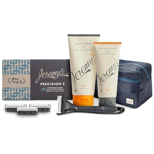 Jeremy’s Razors for Men, Precision 5 Shaving Kit, 4 Razor Cartridges, Shave Cream 6oz with Aloe + Cocoa Butter, Post Shave Balm 3.4oz, Ergonomic Grip Handle, Travel Bag, 8 Piece Set
