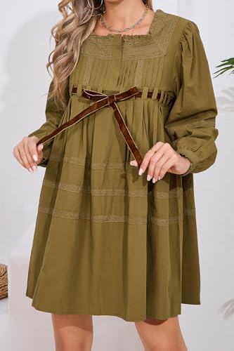 D-Sun Women Babydoll Dress Long Puff Sleeve Square Neck Lace A-Line Flowy Mini Dress Tie Embroidered Ruffled Y2K2