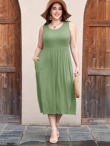 Image of LARACE Women's Plus Size Sleeveless Maxi Dress Casual Crew Neck Pleated Flowy Long Dresses with Pockets L-6XL