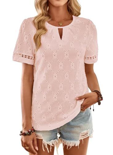 Womens Summer Tops Keyhole Crew Neck Eyelet Lace Short Sleeve Blouses Boho Casual Hollow Out Embroidered Shirts