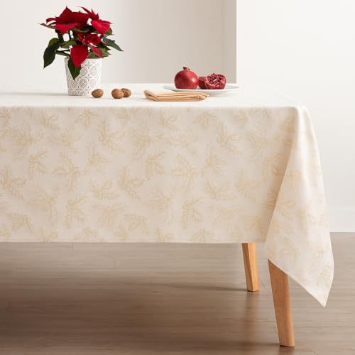 GAMUSI Tablecloth Christmas Jacquard Golden Thread Dining Table Rectangular Christmas Decoration 140 x 300 cm, Ecru - Image 2